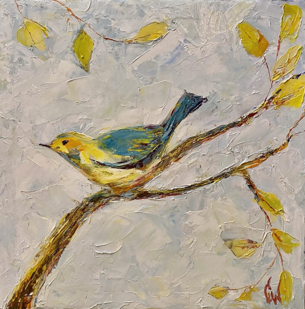 Bird, on , branch, oil, on , canvas, with, palette, knife