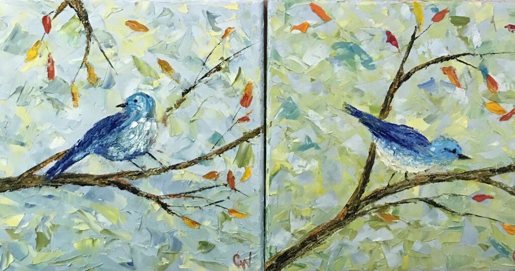 Blue Birds for a friend.  Sold, Oil on Canvas, 12 x 12" each