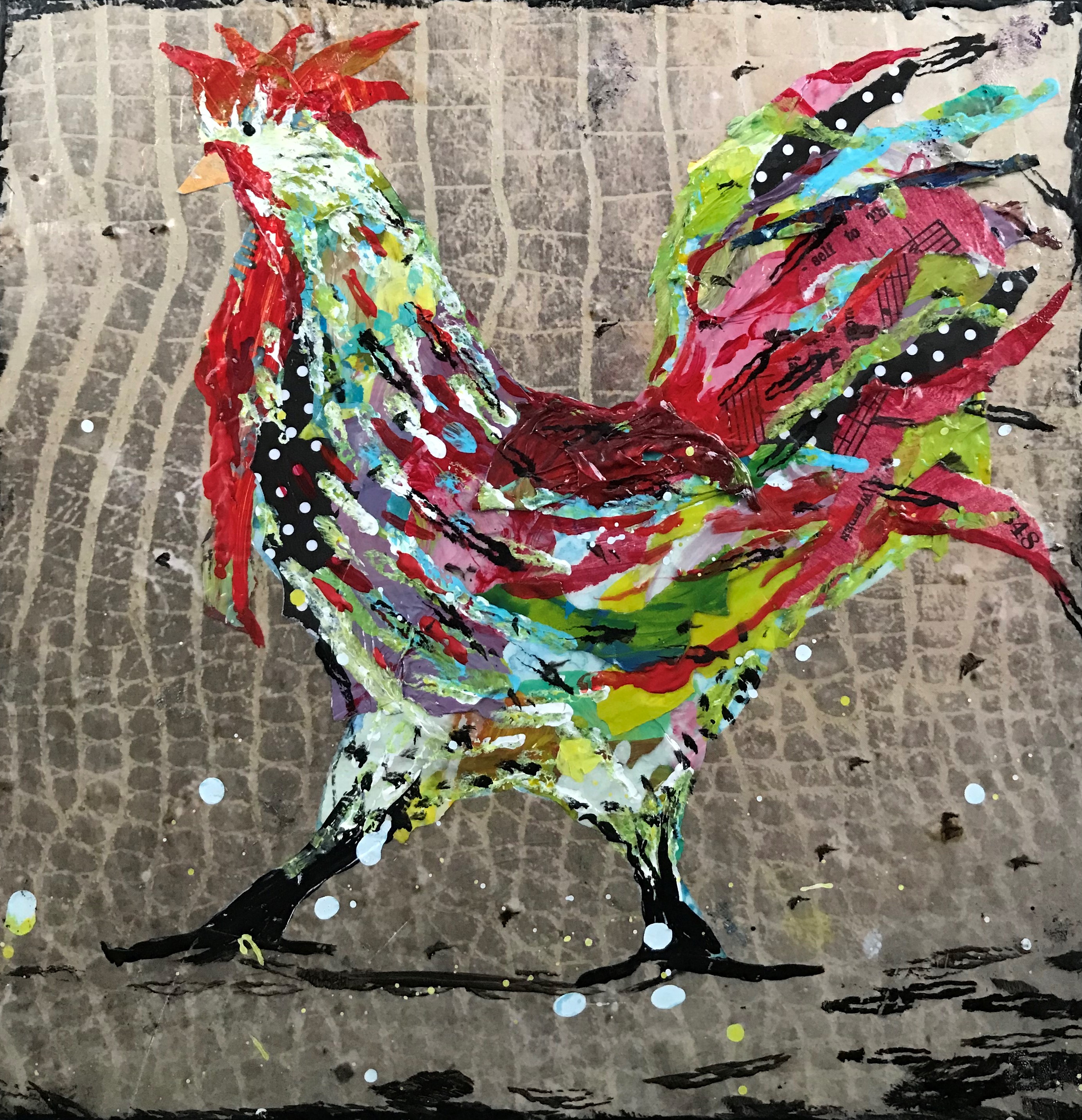 Mixed Media Rooster Collage on board 8x8 2021