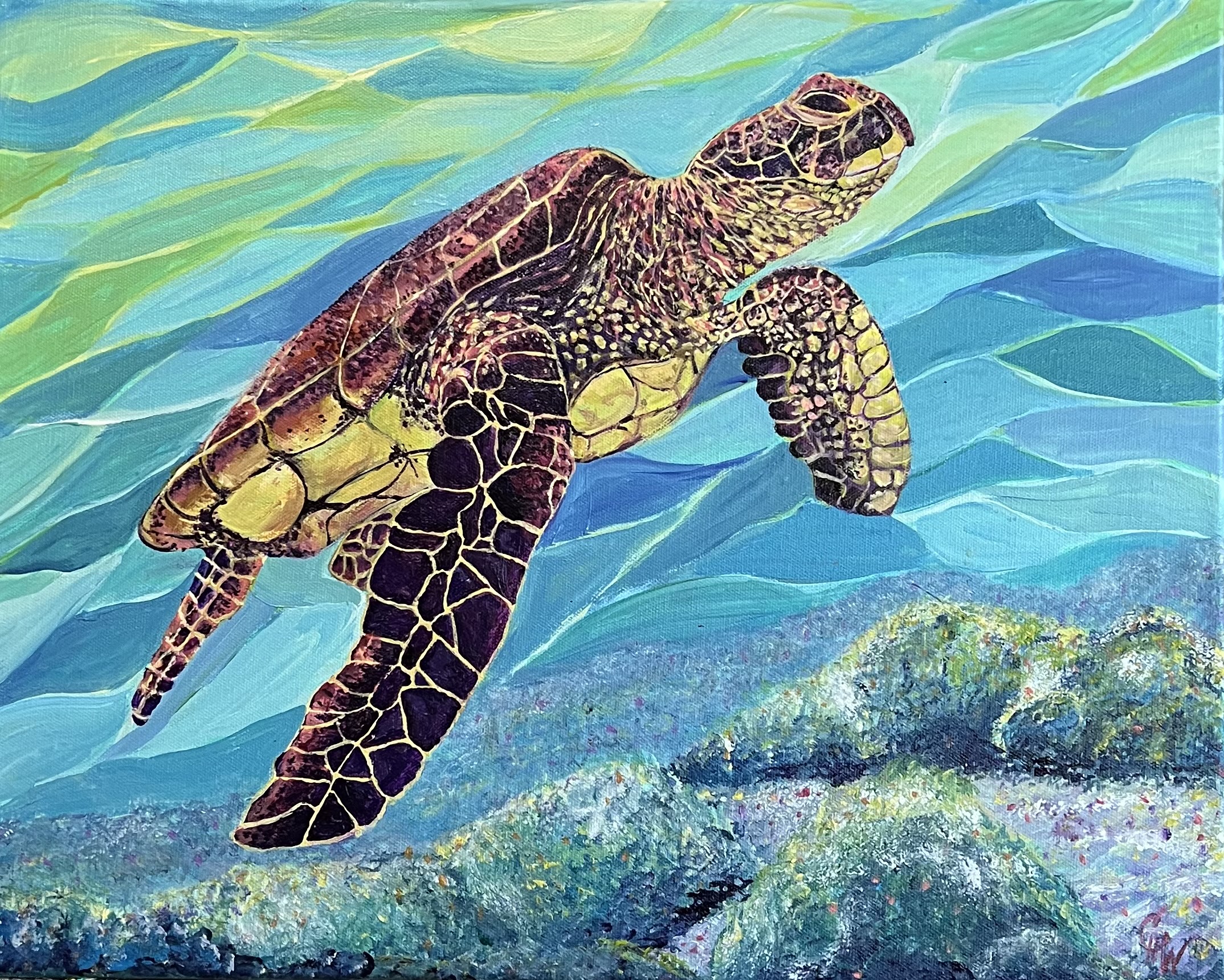 Sea Turtle, Progression, Complete, AcrylicCheryl White, Artist, Blogger, Paintonmywalls, 