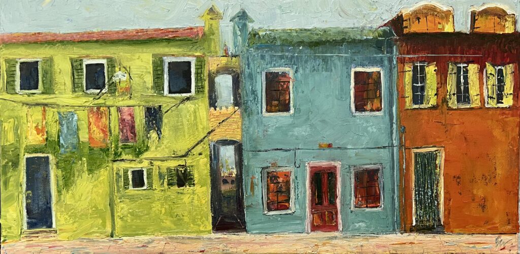 Colorful Buildings, oil on canvas 24x12 in. $150.00