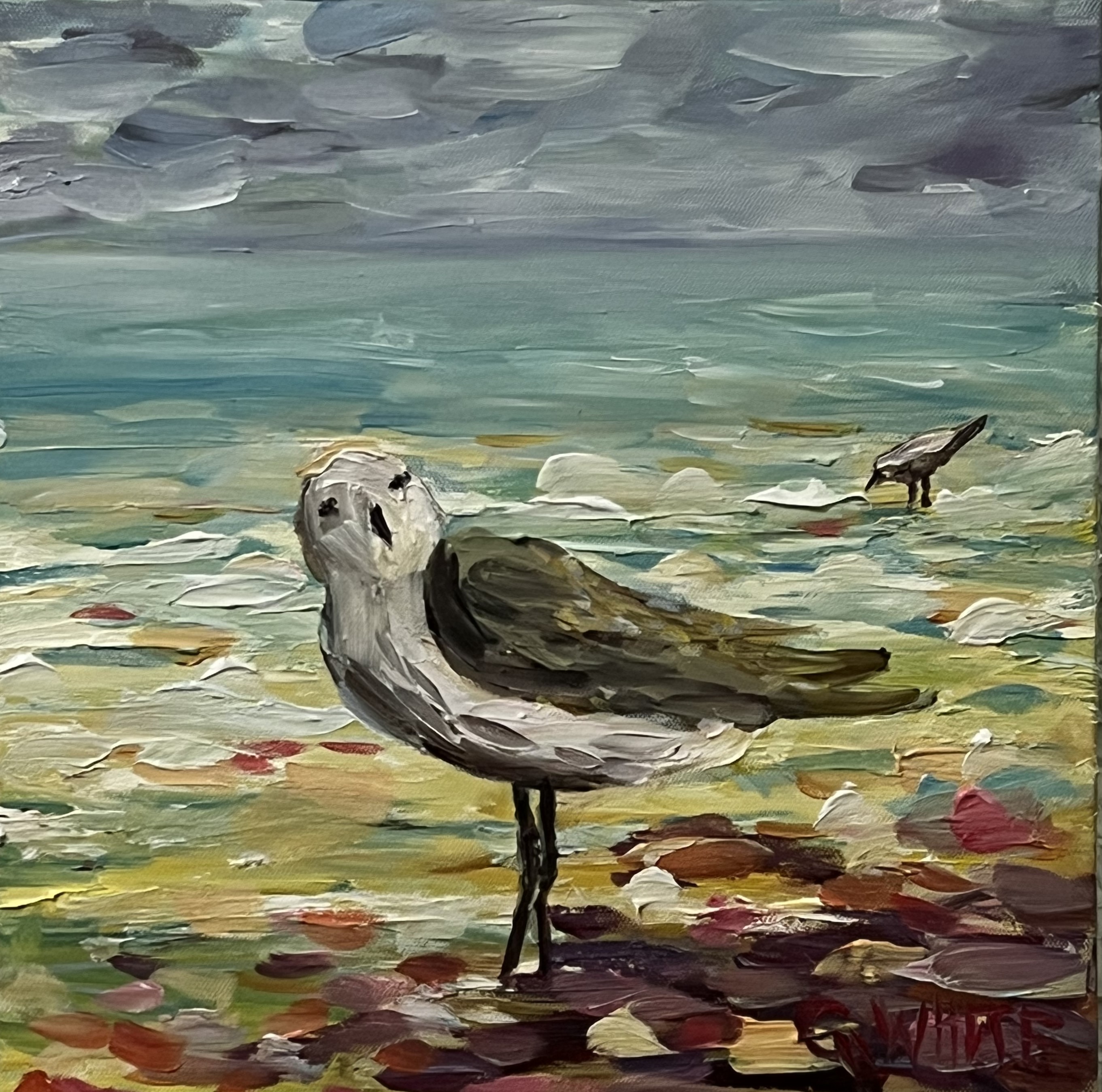 Bird on the sand, oil paint on canvas 10"x10" $50;00