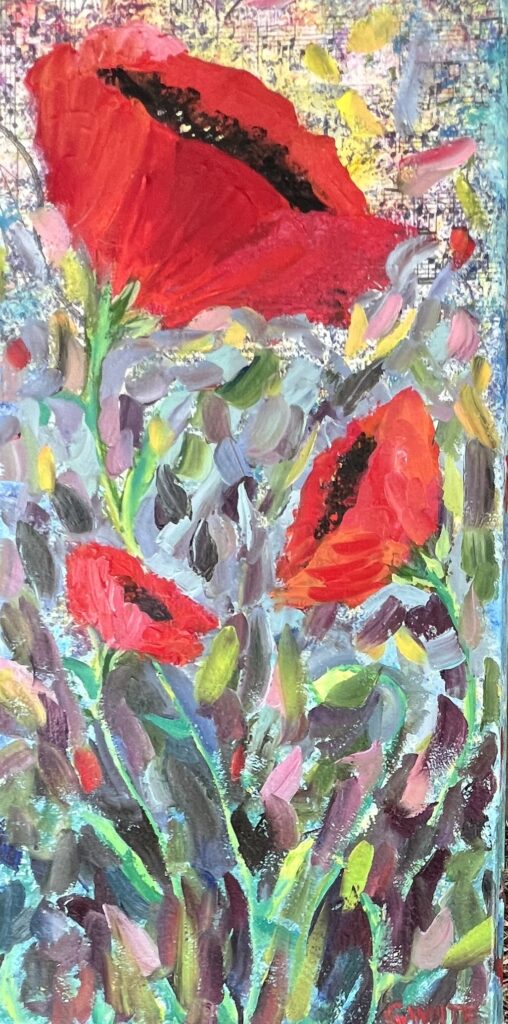 Mixed Poppy Song with Yellow Splash, Art on Canvas, 10" x 20" $100.00