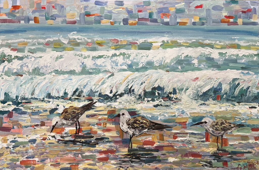 Three Birds on Beach, oil on canvas 30x40 inches 500.00