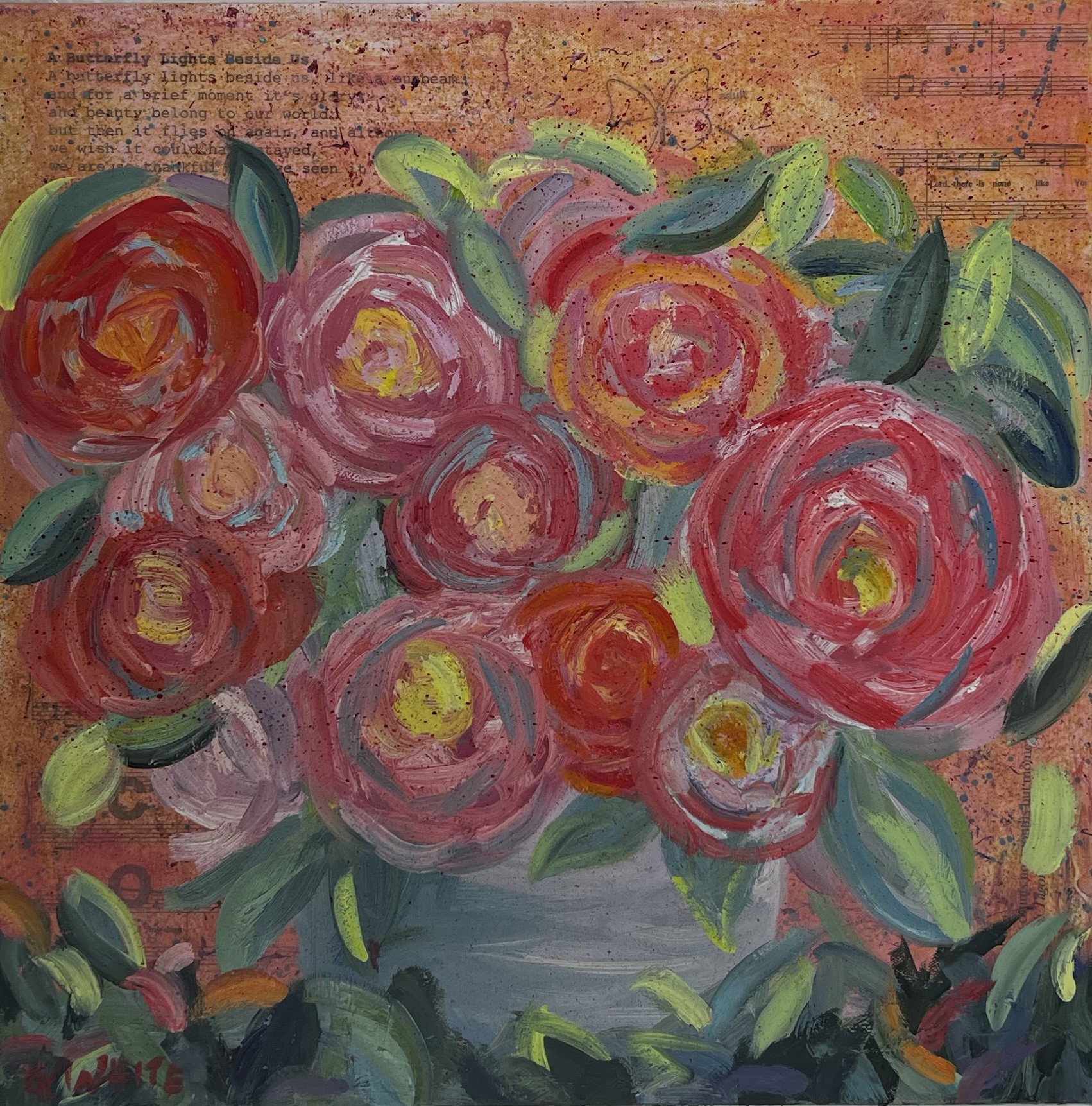 Pot of Peonies, 20″x20″, Mixed Media
