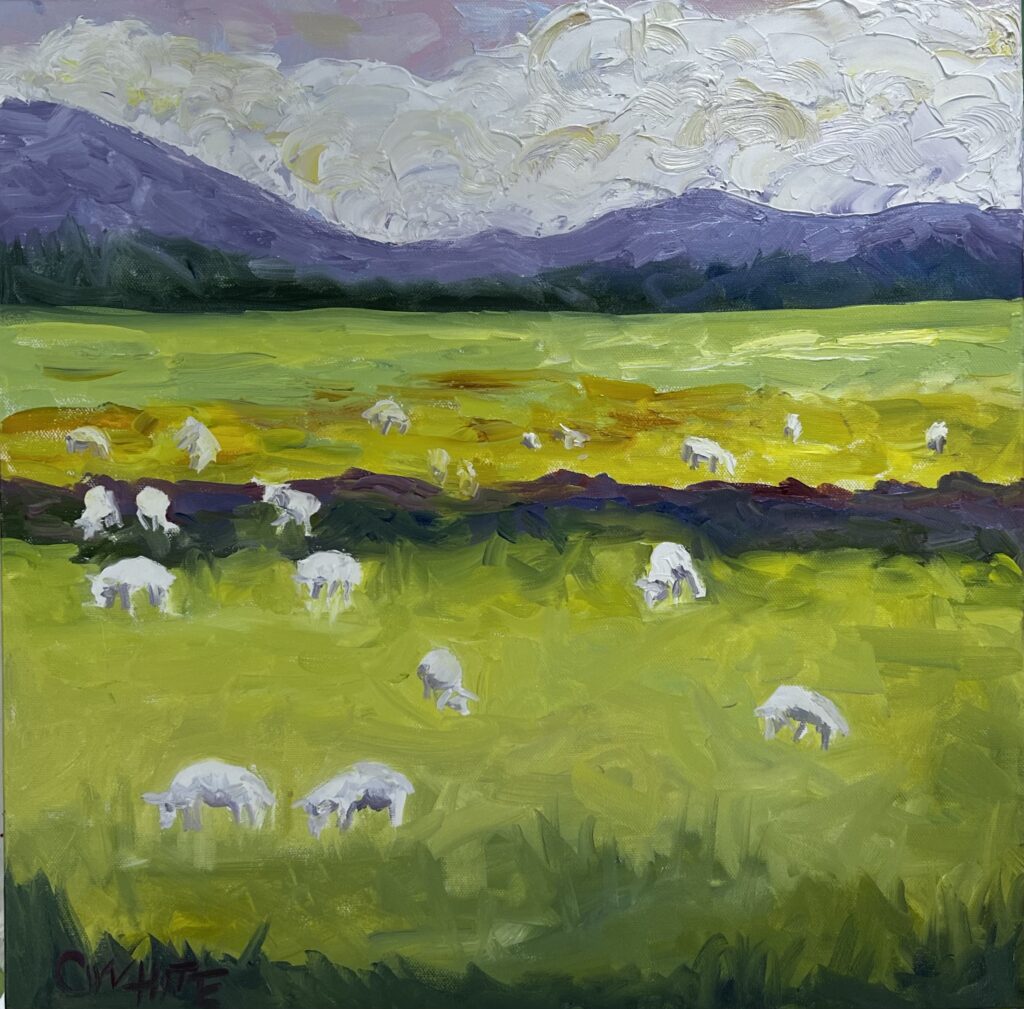 Sheep in pasture painting, oil on canvas, paintonmywalls, cherylwhiteart, art, artist, paint, painting sheep grazing