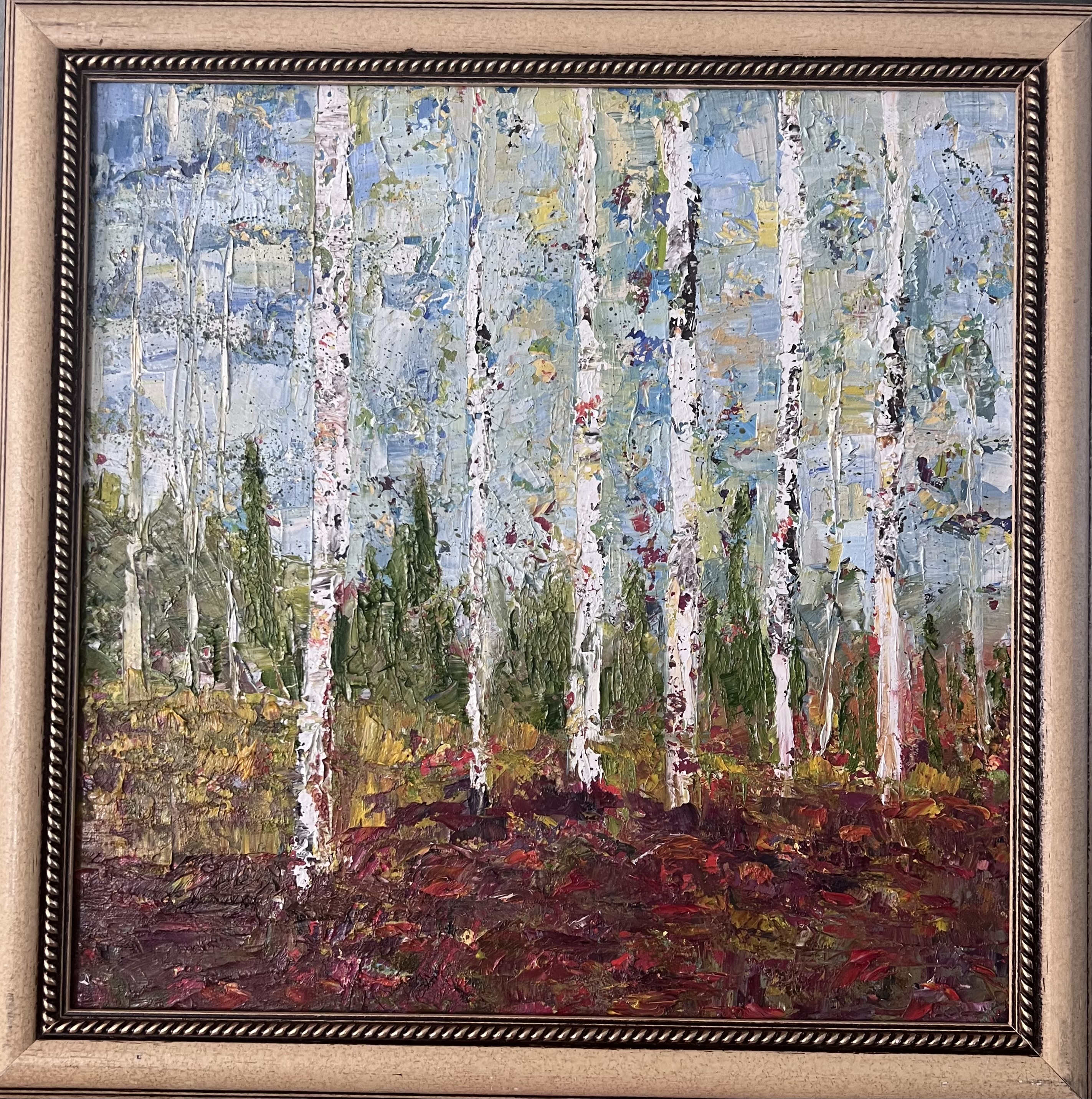 Confetti Birch, Oil, Palette Knife, framed canvas, 18x18 205.00 paintonmywalls, cherylwhite art, oil paint,