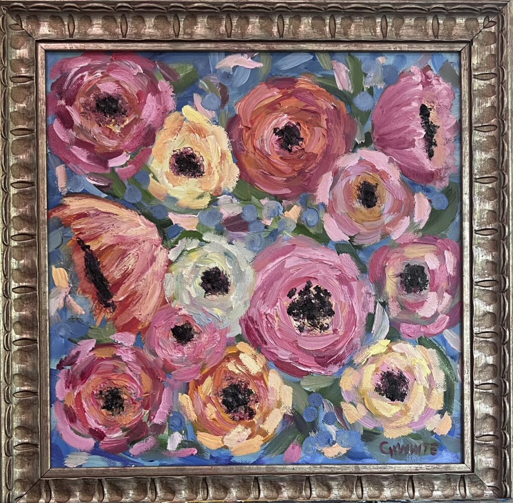 Pink blooms on blue background, Oil on canvas, paintonmywalls, Cheryl White art, oil painting, framed