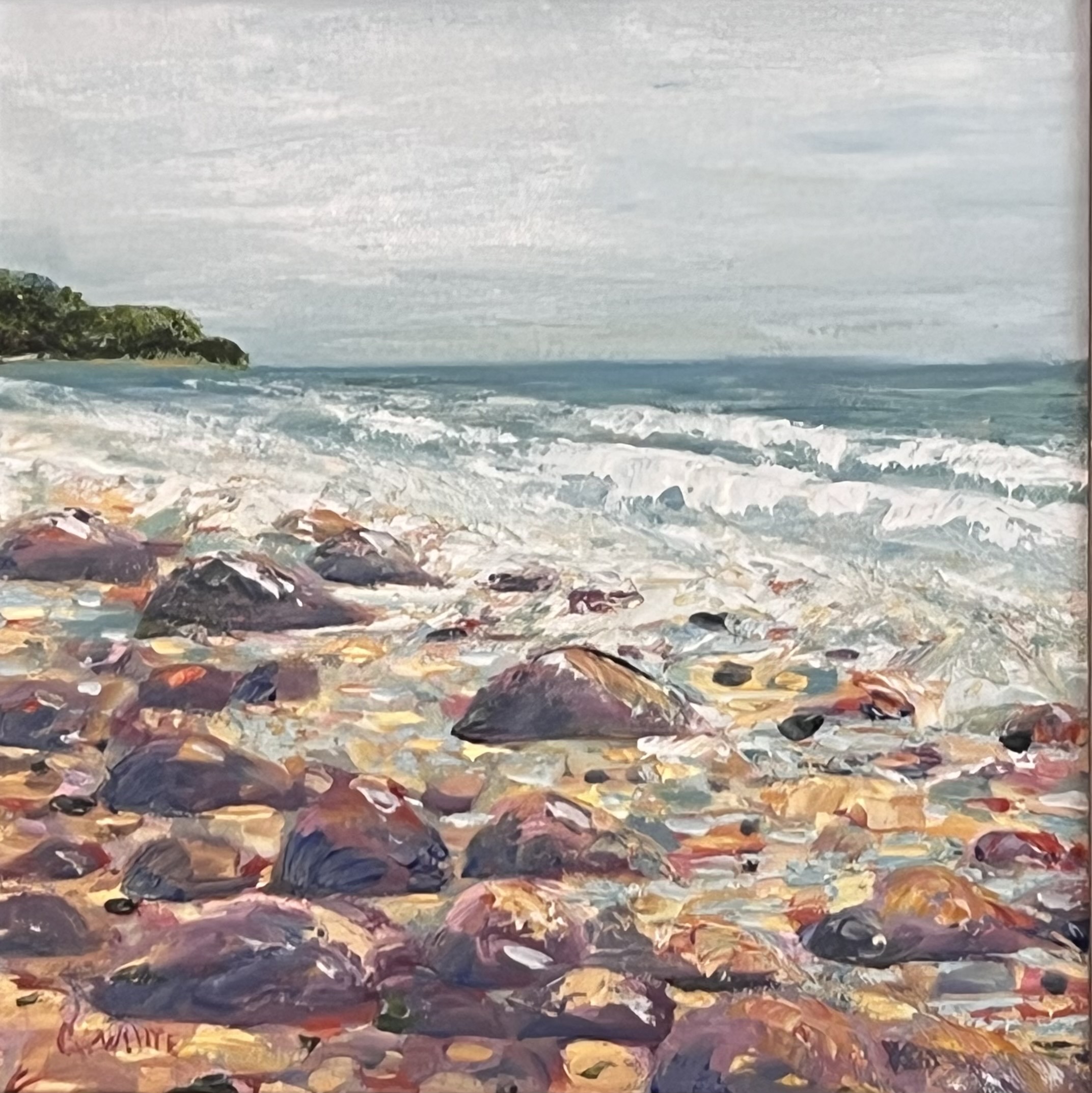 Purple Rocks on Shore, 12x12 inches, oil on canvas  in frame, paintonmywalls, cherylwhiteart