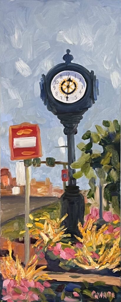 Clock, Main St4reet, Grapevine, TX, Oil painting, Grapefest, paintonmywalls, cherylwhiteart,